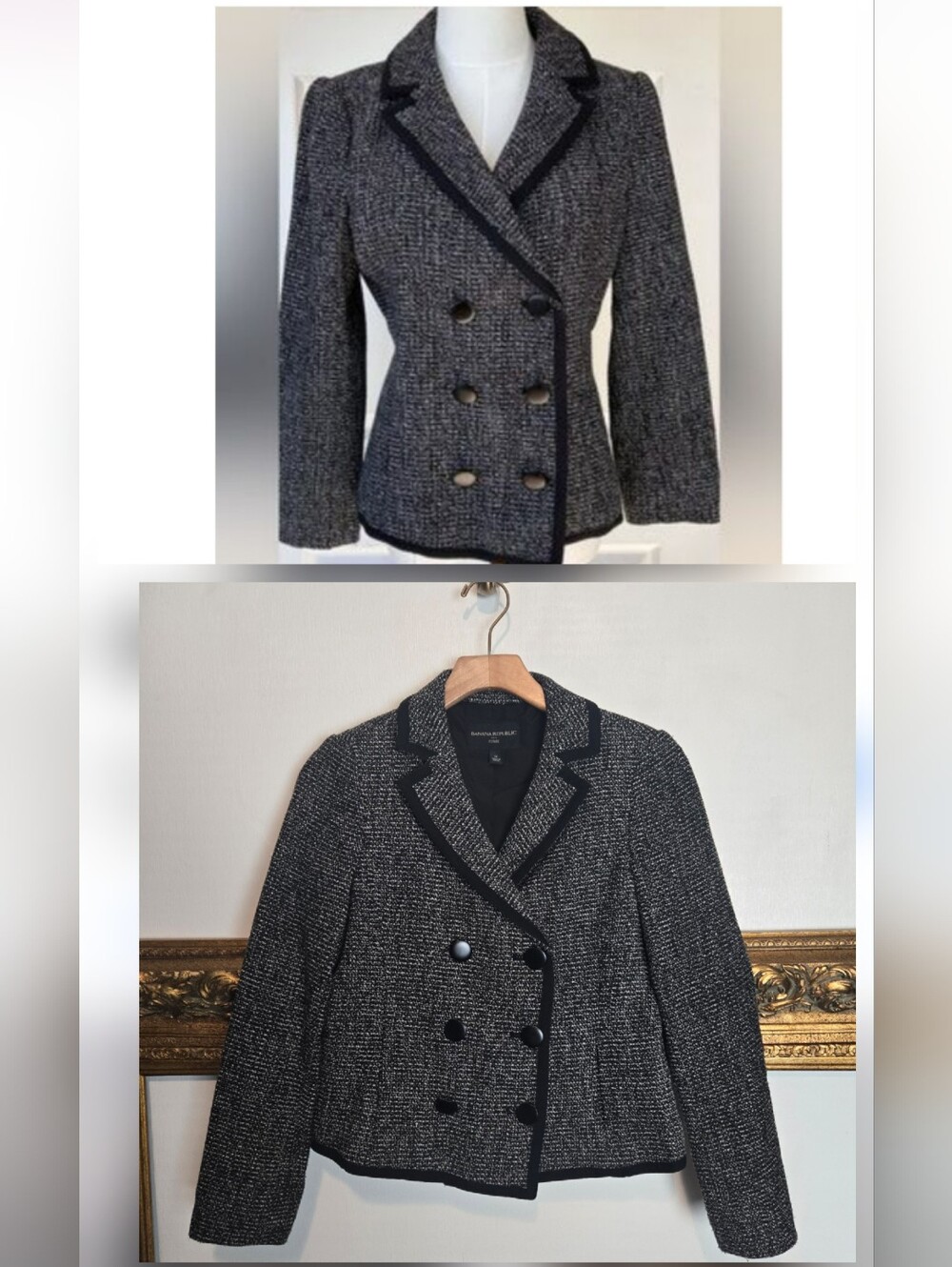 Banana Republic Classic Black Tweed Double-Breasted Wool Blend Blazer Size 0P